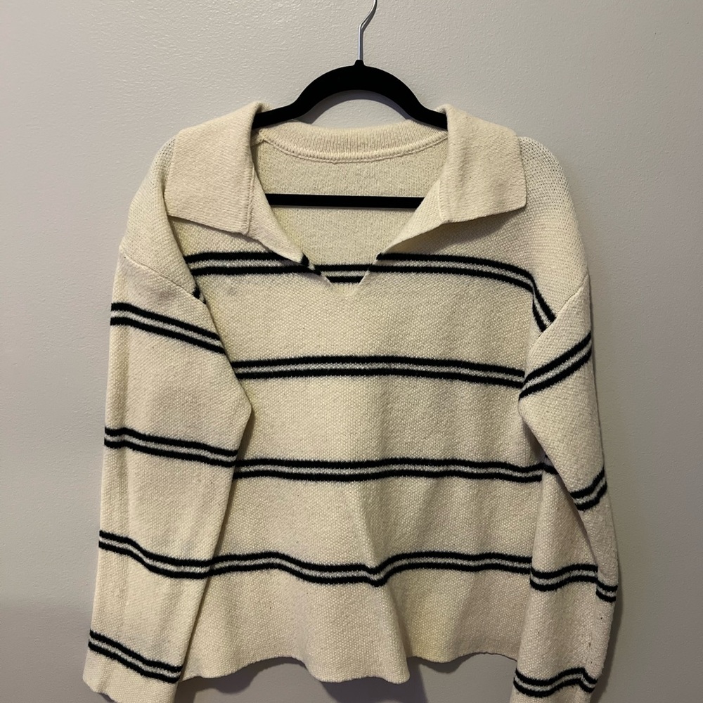 Cream and Black V-Neck Striped Sweater